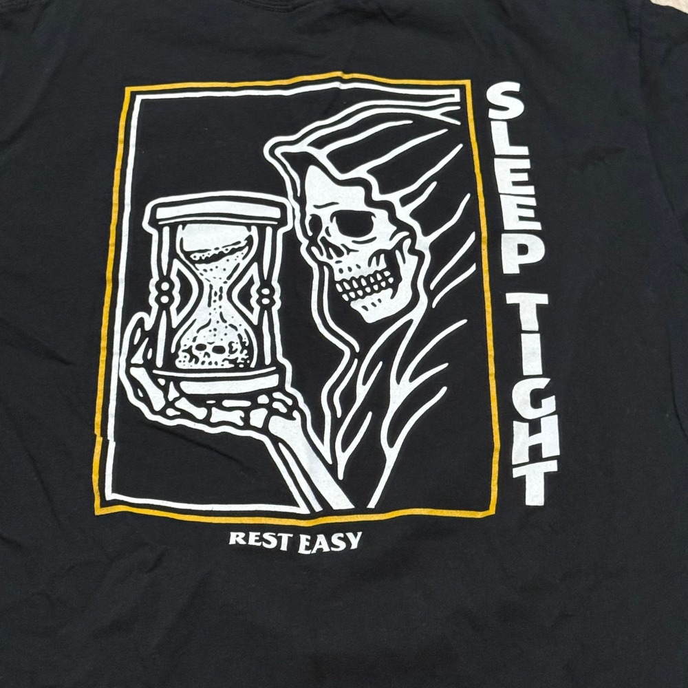 Rest Easy Mens Medium Black Graphic T-Shirt Grim Reaper Sleep Tight‎ Skeleton
